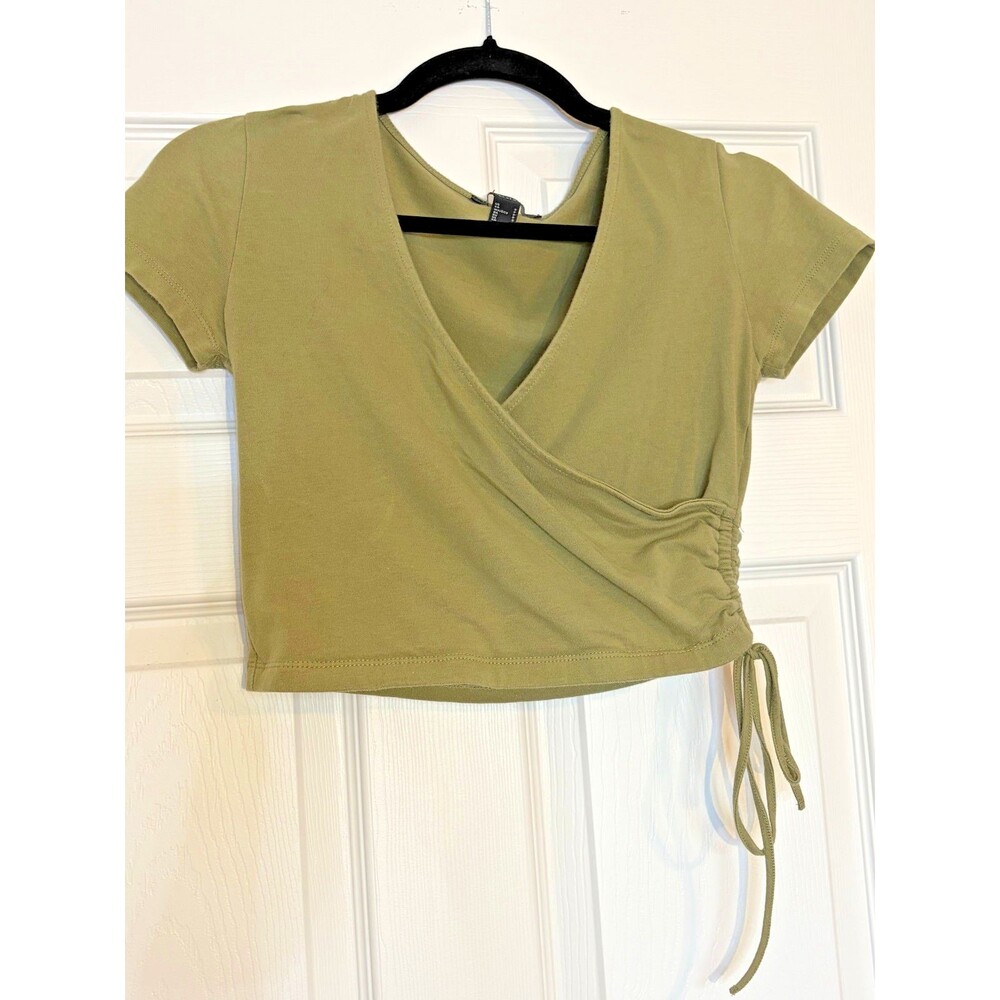 Forever 21 Size S Small Green V-Neck Cropped Blouse Ruched Drawstring
